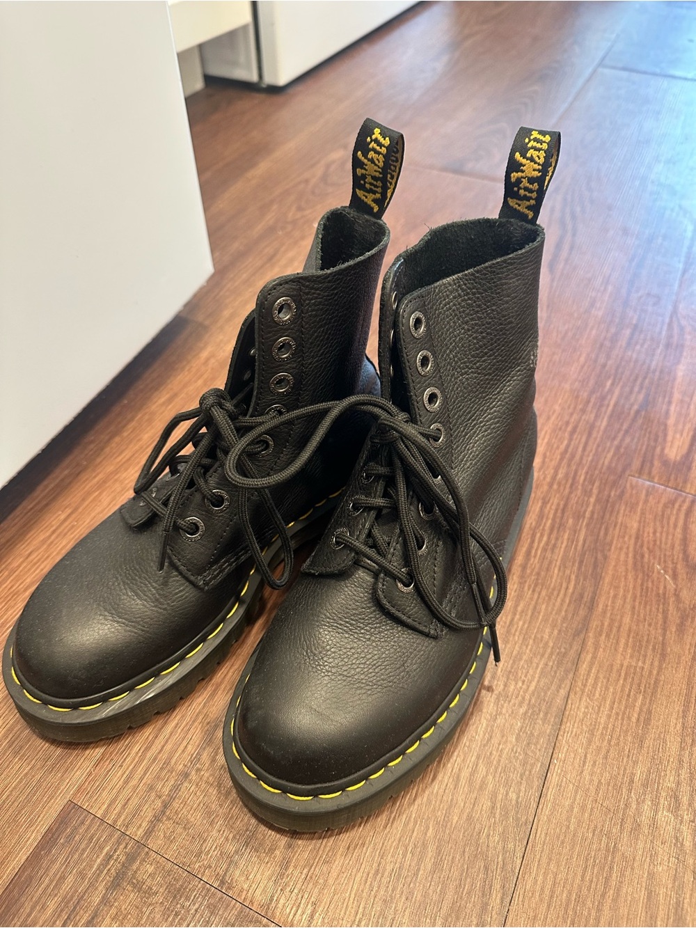 Dr. Martens Black Leather Lace-Up Boots with Yellow Welt